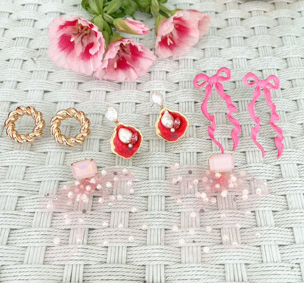 Sparkling Pink Barbie Tulle Bow Earrings