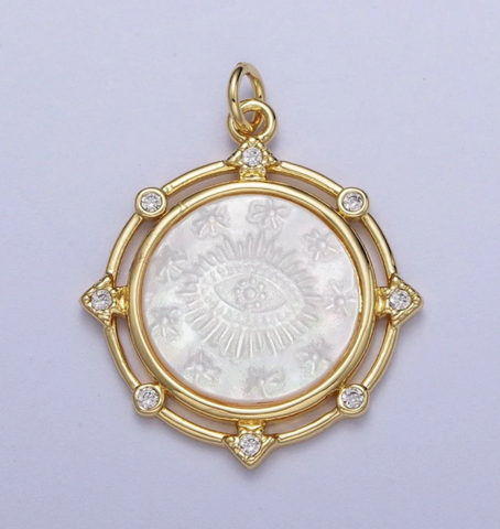 Mal Mother of Pearl Evil Eye Round Charm