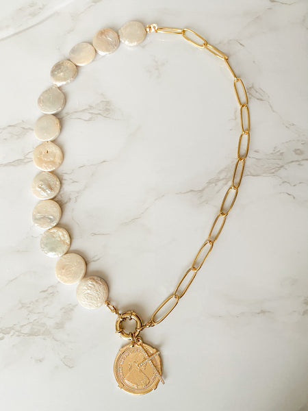 Lucia Coin Pearl & Paper Chain Necklace