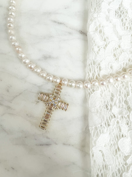 Hits Different Pearl and Diamond Cross Necklace