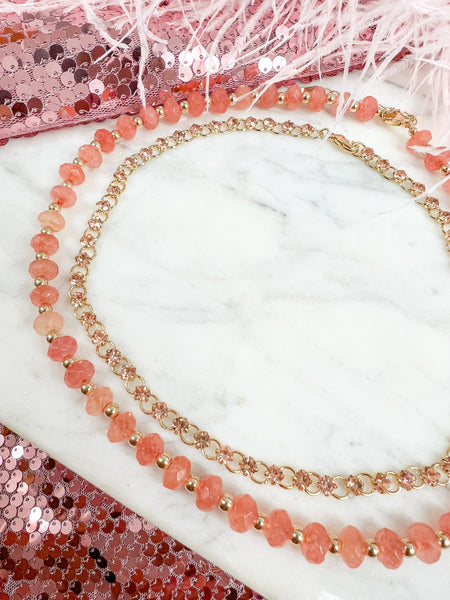 Zaina Pink Crystal and Circle Chain Necklace